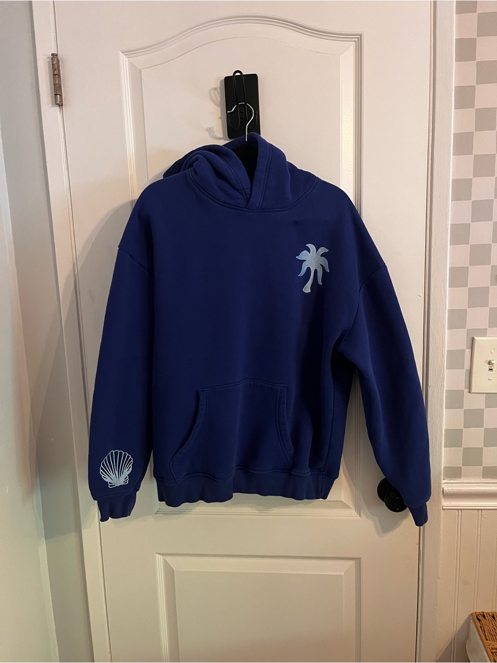 Pink Palm Puff Oceanic Blue Hoodie Size XL Palm Tree Shell Embroidered Hawaiian